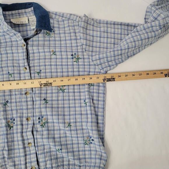 Vintage Casey & Max Blue Plaid Shirt Embroidered Flowers Denim Collar Linen LG - Picture 6 of 8